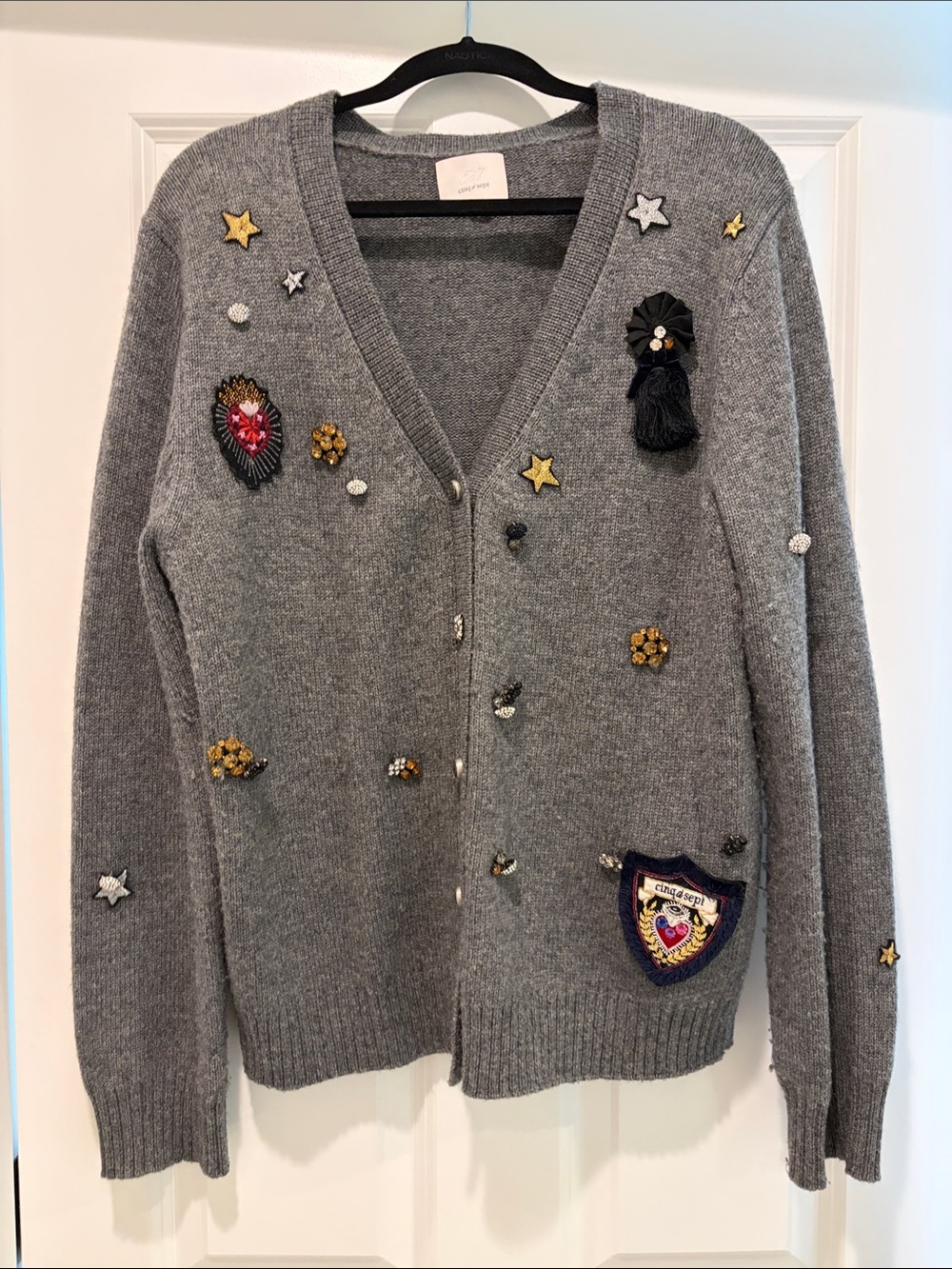 cinq a sept Gray Embellished V‑Neck Cardigan with Patches